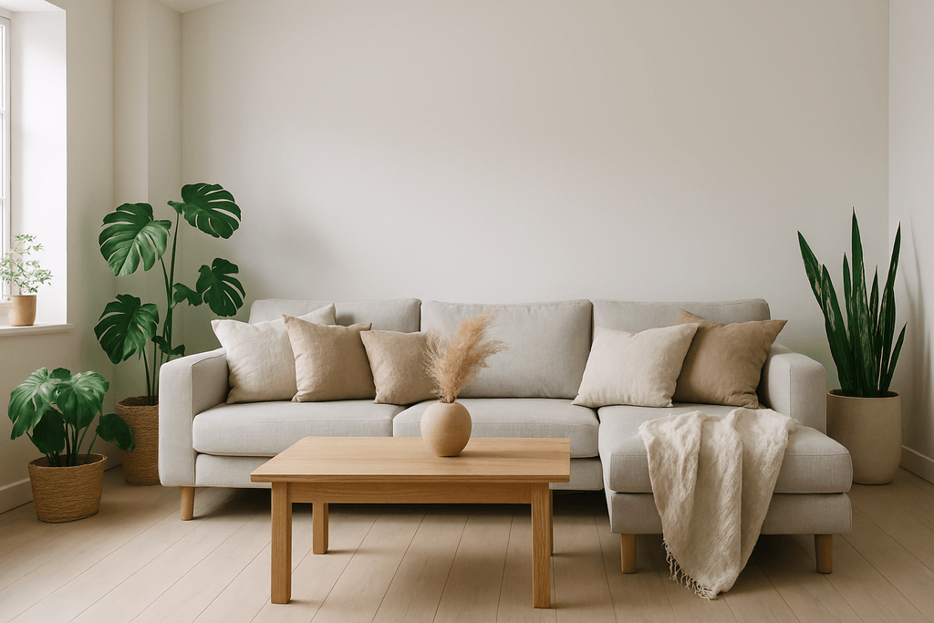 Jasny salon w stylu hygge z dużą sofą, dębowym stolikiem i zielonymi roślinami doniczkowymi.