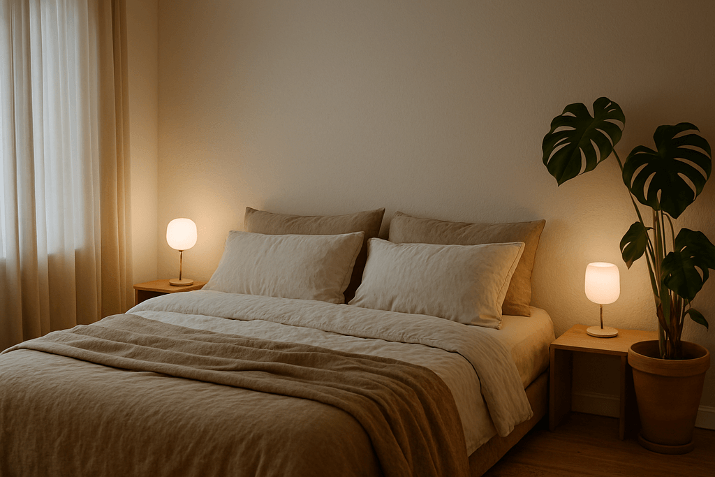 Przytulna sypialnia z łóżkiem ubranym w lnianą pościel na tle ściany w odcieniu Cloud Dancer.