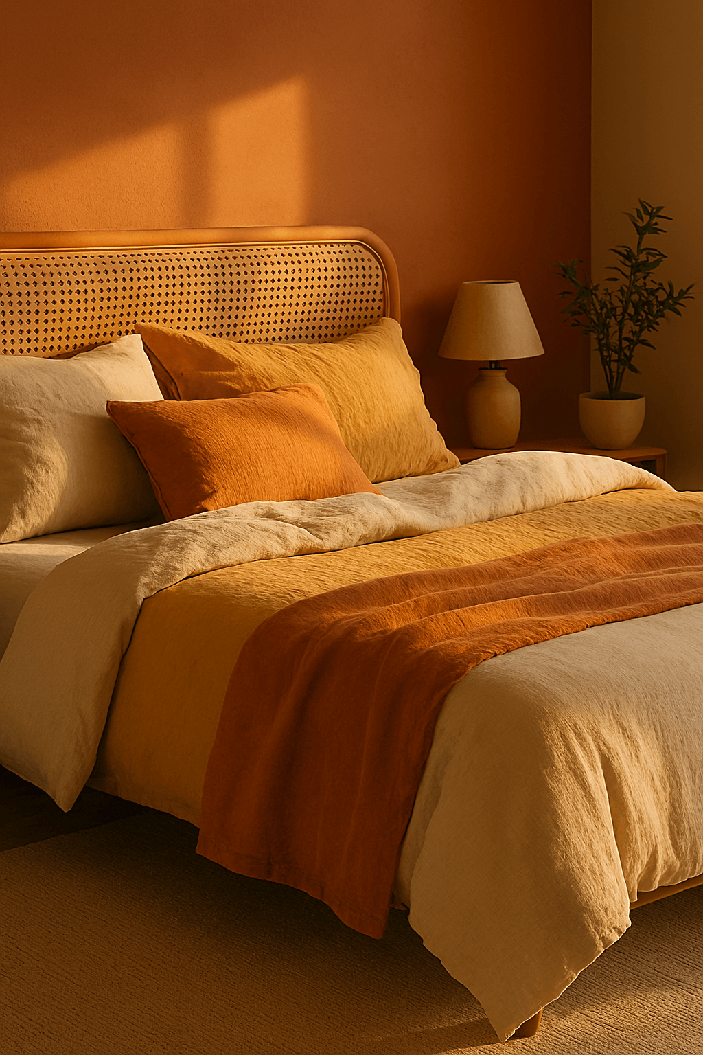 Przytulna sypialnia z ceglaną ścianą i lnianą pościelą w barwach ziemi.