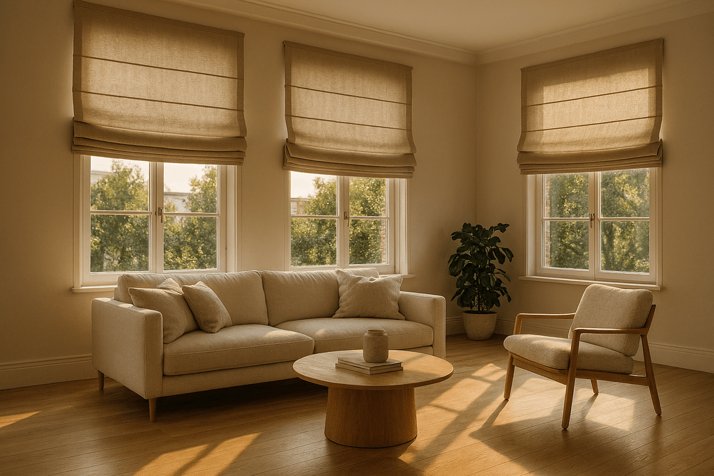 Beżowe rolety rzymskie z grubego lnu ułożone w miękkie fałdy w jasnym salonie.