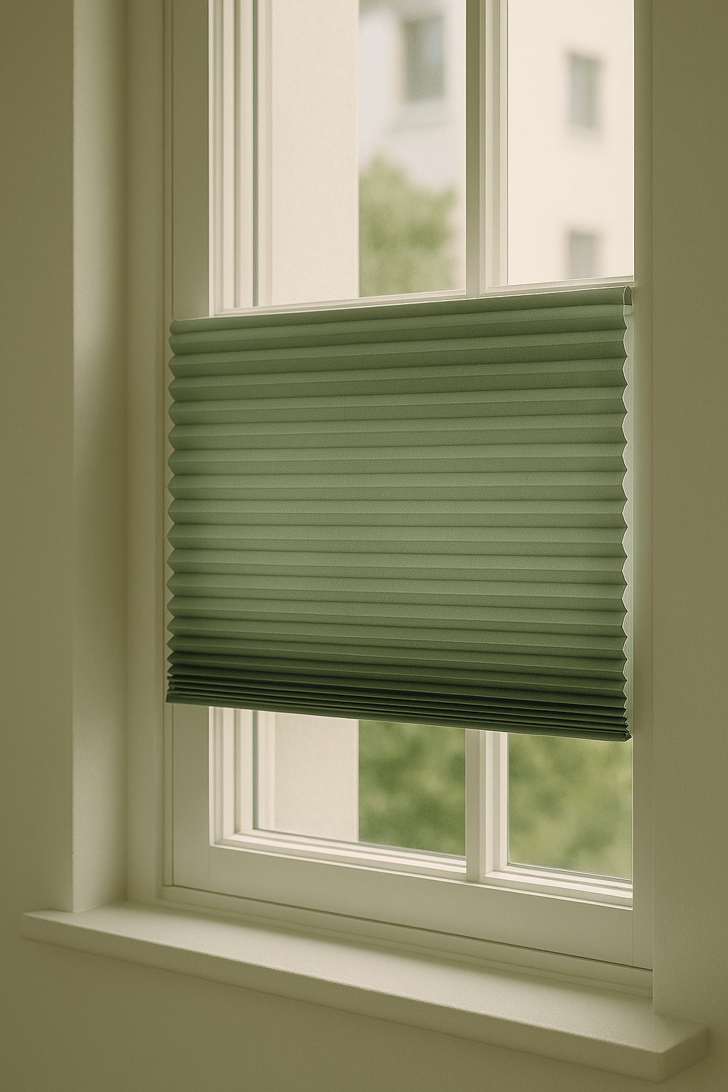 Zielone plisy okienne zasłaniające tylko środkową część szyby, zapewniające prywatność i dostęp światła.
