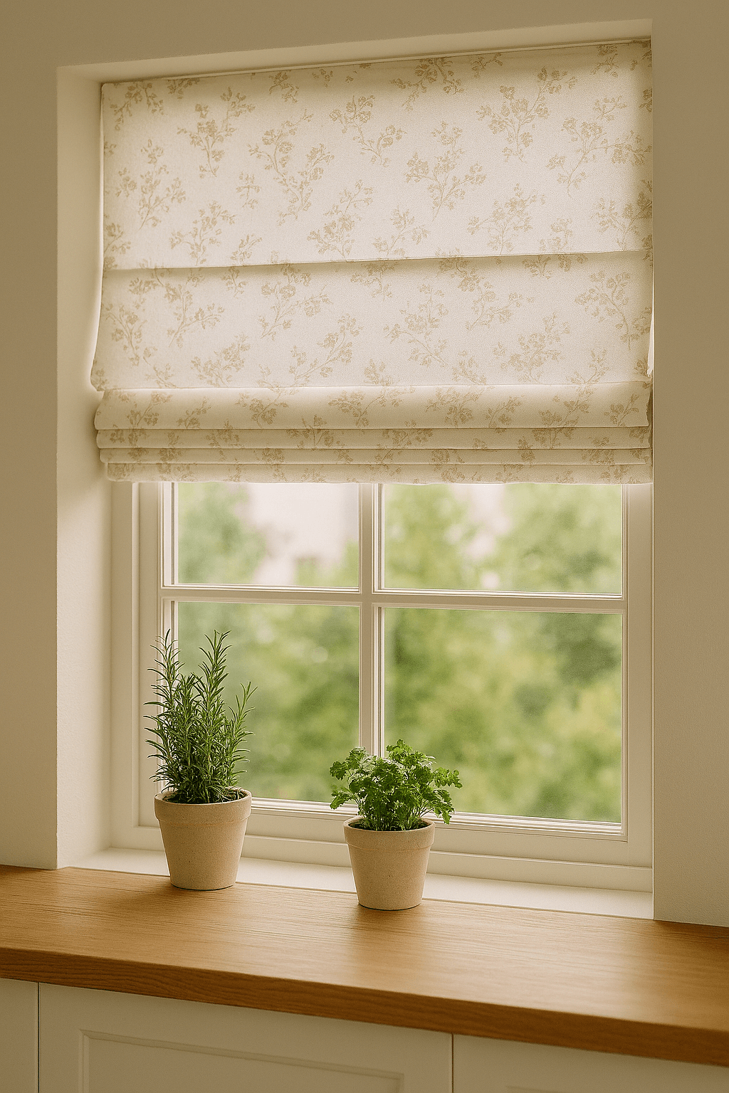 Biała roleta rzymska w delikatne kwiaty zamontowana nad kuchennym blatem z ziołami.